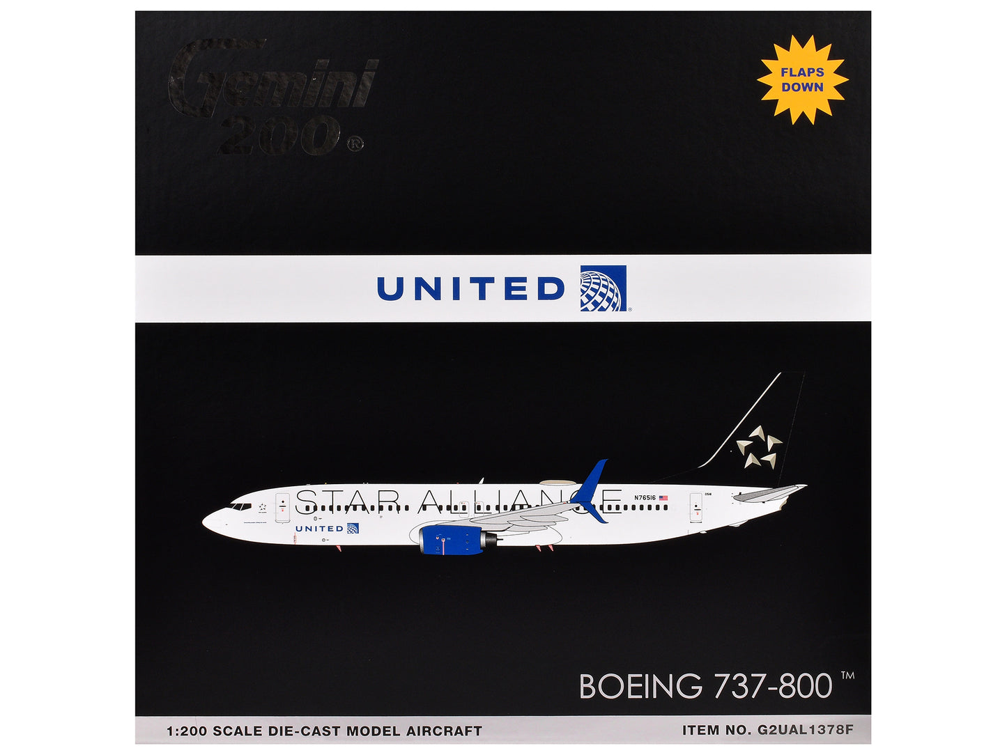 Boeing 737-800 Commercial Aircraft with Flaps Down "United Airlines Star Alliance" (N76516) White with Black Tail "Gemini 200" Series 1/200 Diecast Model Airplane by GeminiJets