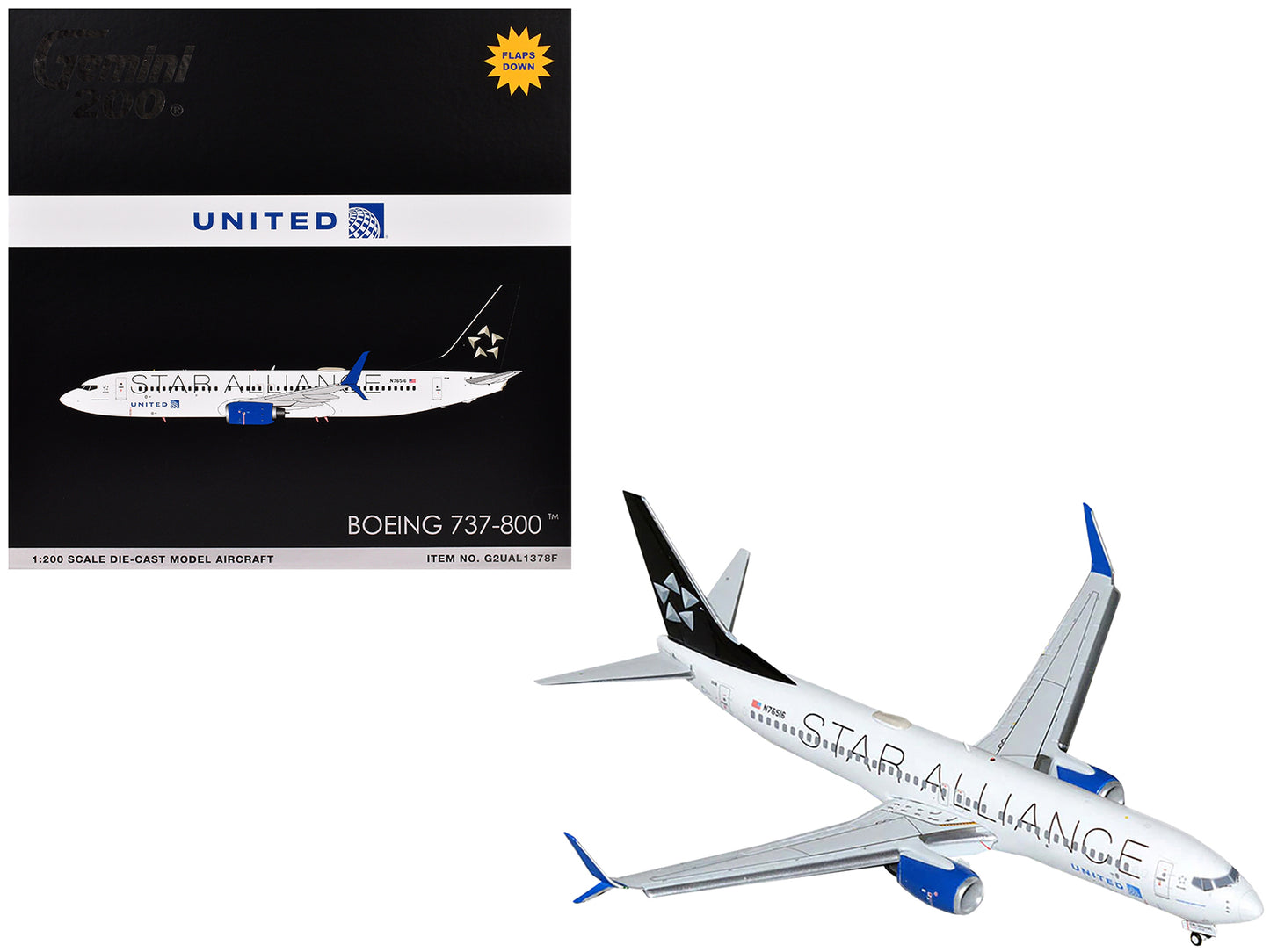 Boeing 737-800 Commercial Aircraft with Flaps Down "United Airlines Star Alliance" (N76516) White with Black Tail "Gemini 200" Series 1/200 Diecast Model Airplane by GeminiJets