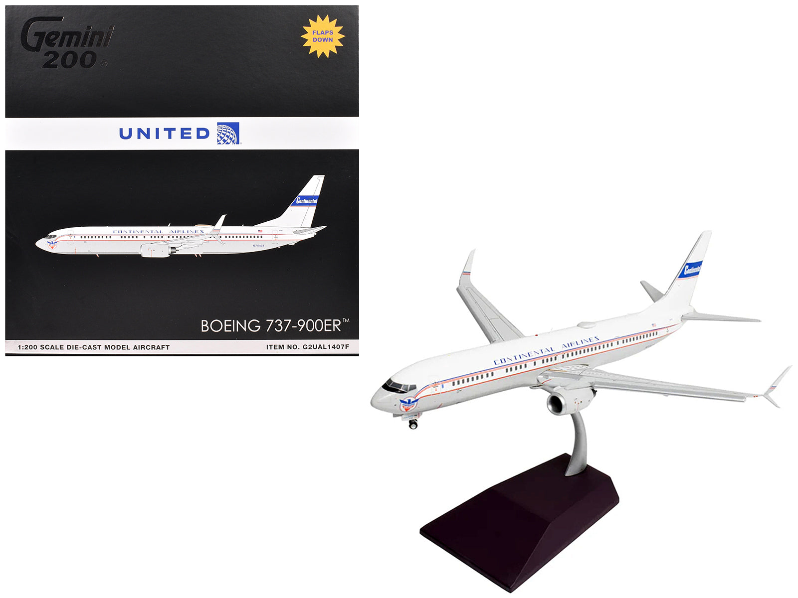 Boeing 737-900ER Commercial Aircraft with Flaps Down "Continental Airlines - United Airlines" (N75435) White with Red and Blue Stripes "Gemini 200" Series 1/200 Diecast Model Airplane by GeminiJets-DiecastModeler.com