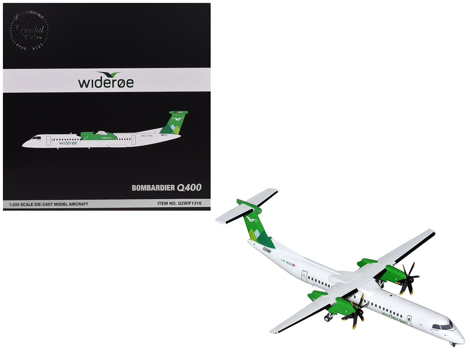 Bombardier Q400 Commercial Aircraft "Wideroe" (LN-WDM) White with Green Tail "Gemini 200" Series 1/200 Diecast Model Airplane by GeminiJets-DiecastModeler.com
