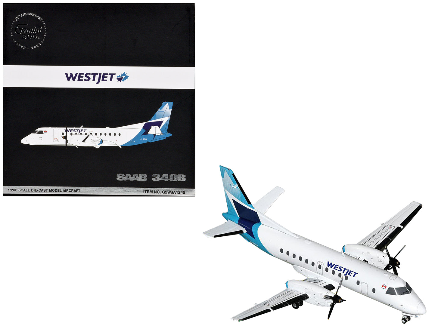 Saab 340B Commercial Aircraft "WestJet" (C-GOIA) White with Blue Stripes and Tail "Gemini 200" Series 1/200 Diecast Model Airplane by GeminiJets