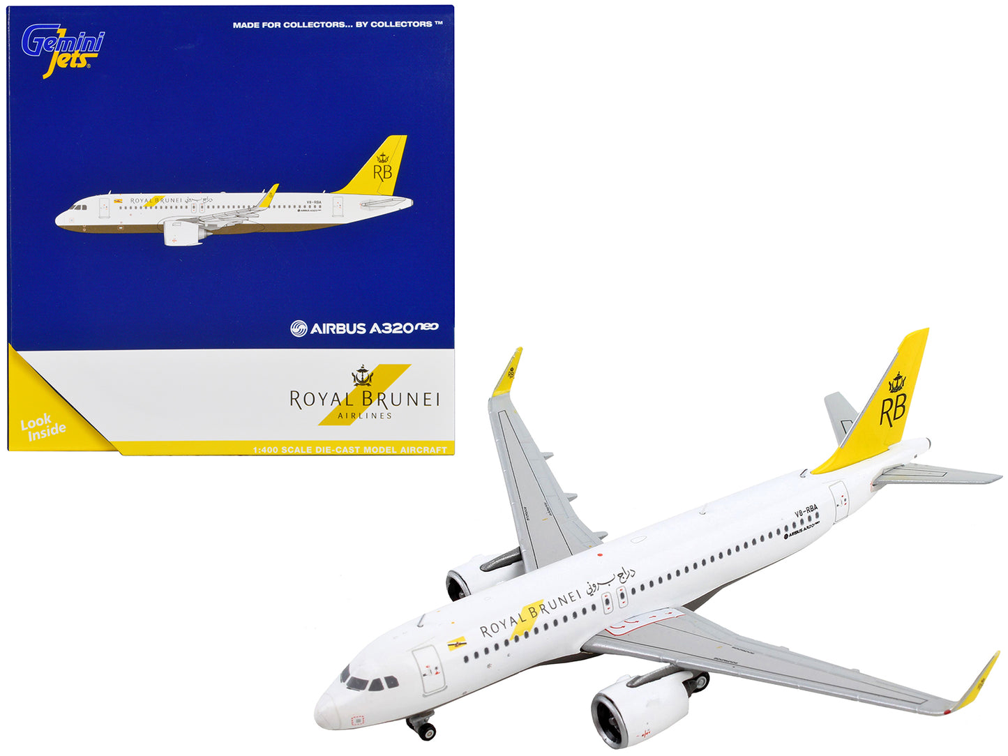 Airbus A320neo Commercial Aircraft "Royal Brunei Airlines" White with Yellow Tail 1/400 Diecast Model Airplane by GeminiJets-DiecastModeler.com