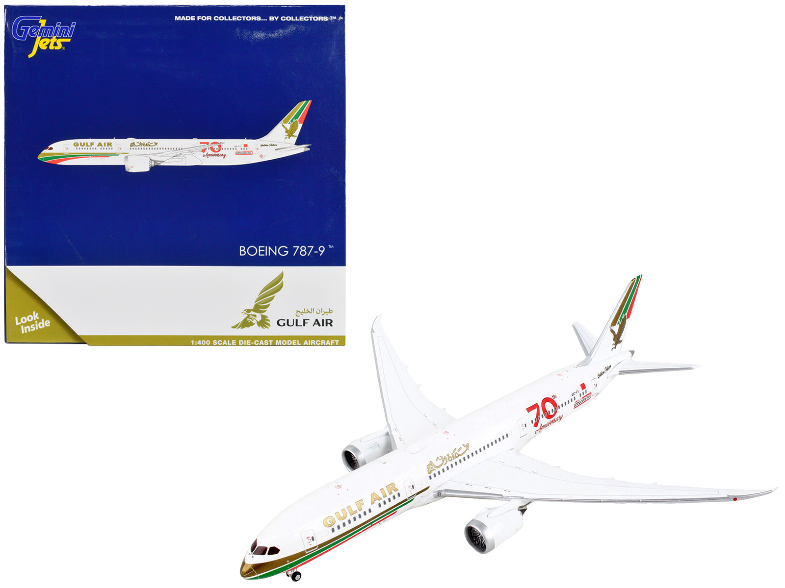 Boeing 787-9 Commercial Aircraft "Gulf Air - 70th Anniversary" White with Graphics 1/400 Diecast Model Airplane by GeminiJets-DiecastModeler.com
