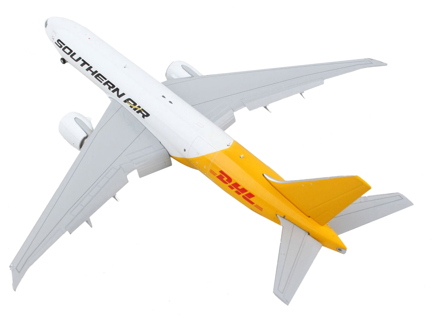 Boeing 777F Commercial Aircraft with Flaps Down "Southern Air - DHL" White and Yellow 1/400 Diecast Model Airplane by GeminiJets-DiecastModeler.com