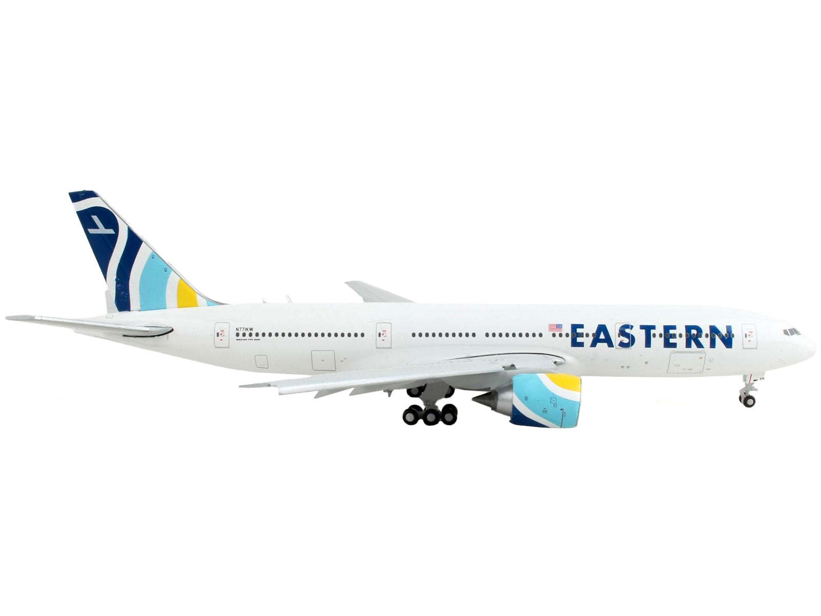 Boeing 777-200ER Commercial Aircraft with Flaps Down "Eastern Air Lines" White with Striped Tail 1/400 Diecast Model Airplane by GeminiJets-DiecastModeler.com