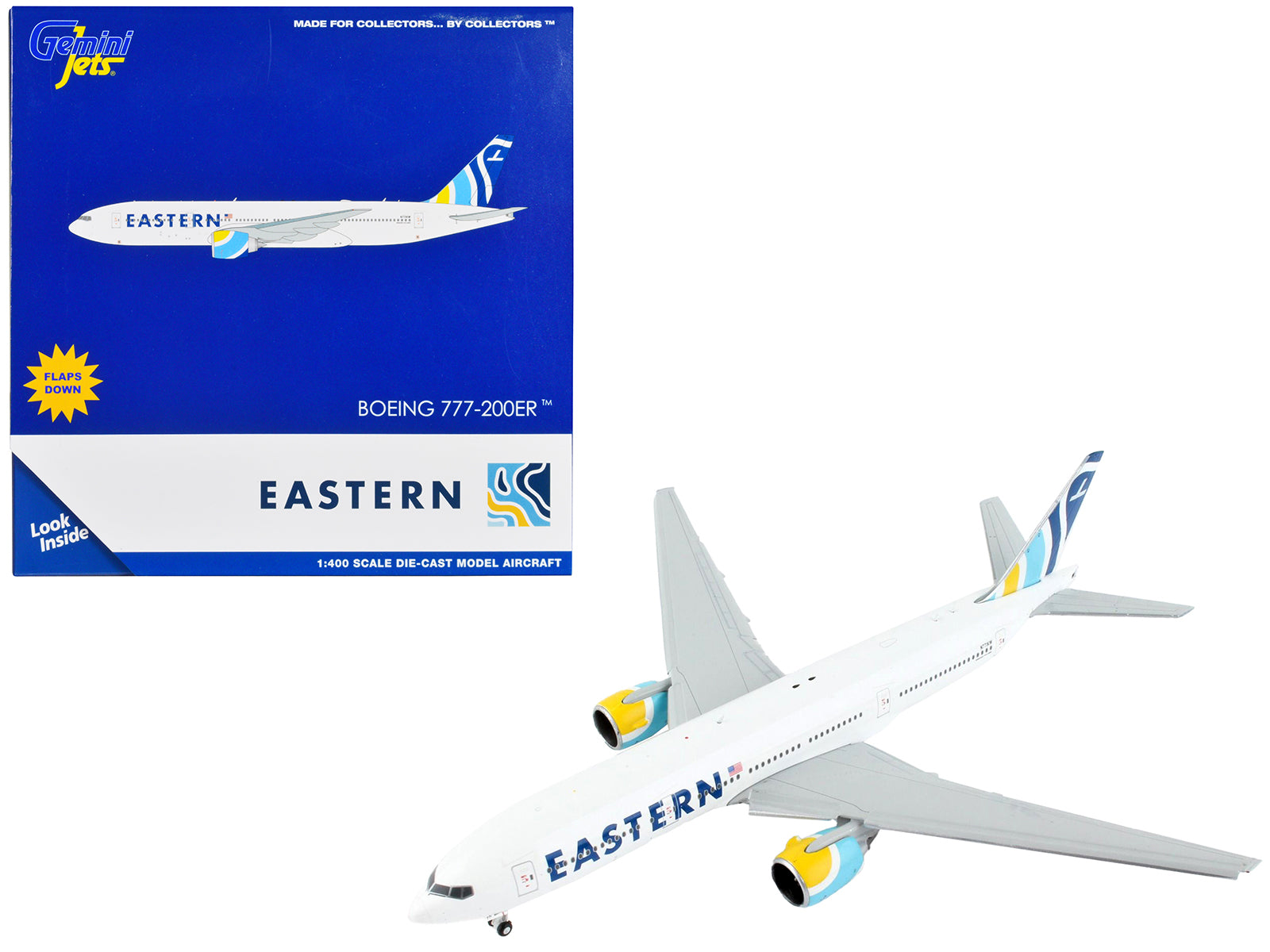 Boeing 777-200ER Commercial Aircraft with Flaps Down "Eastern Air Lines" White with Striped Tail 1/400 Diecast Model Airplane by GeminiJets-DiecastModeler.com