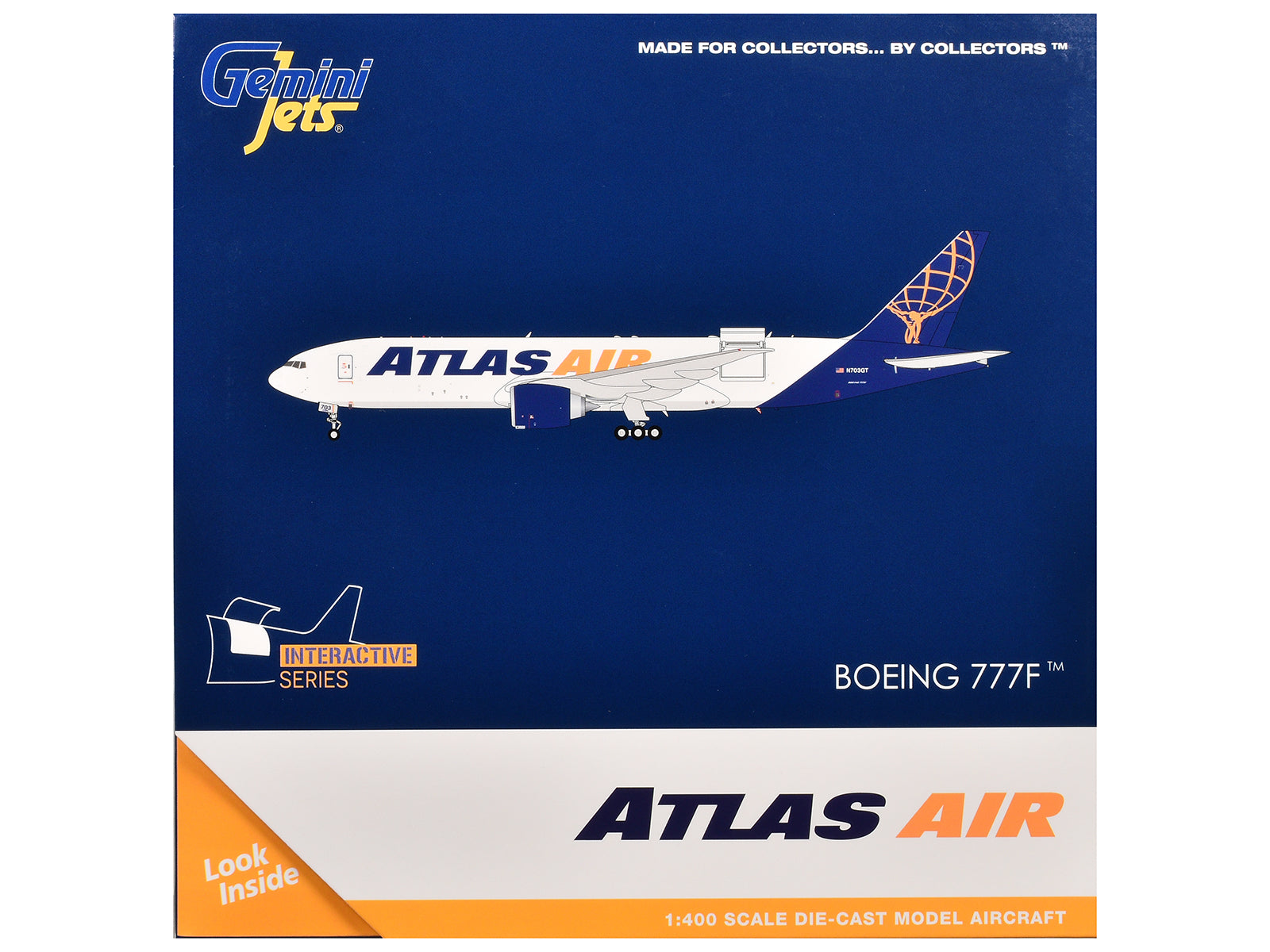 Boeing 777-200LRF Commercial Aircraft "Atlas Air" (N703GT) White with Blue Tail "Interactive Series" 1/400 Diecast Model Airplane by GeminiJets-DiecastModeler.com