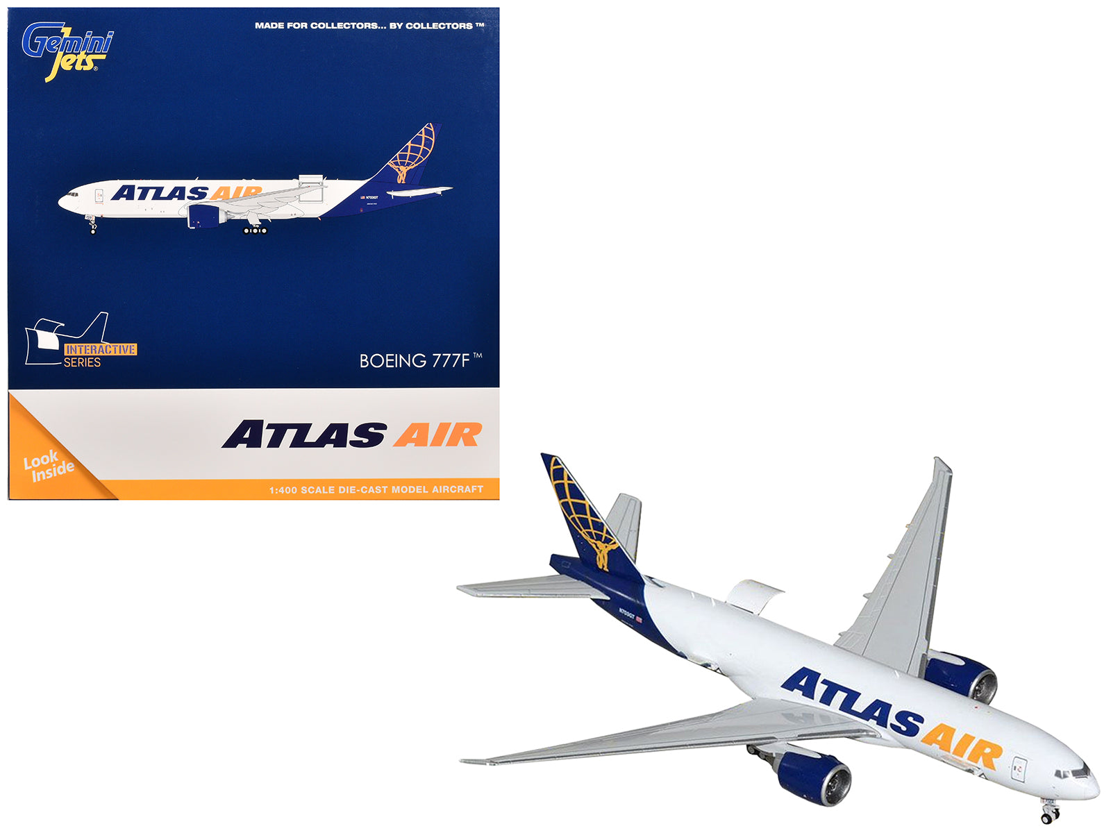 Boeing 777-200LRF Commercial Aircraft "Atlas Air" (N703GT) White with Blue Tail "Interactive Series" 1/400 Diecast Model Airplane by GeminiJets-DiecastModeler.com