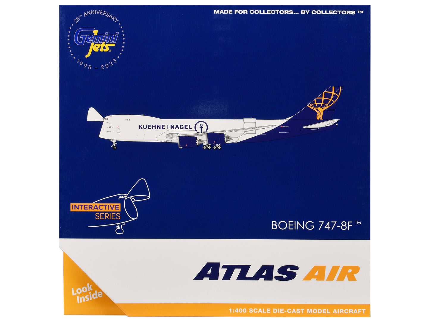 Boeing 747-8F Commercial Aircraft "Atlas Air - Kuehne+Nagel" (N862GT) White with Blue Tail "Interactive Series" 1/400 Diecast Model Airplane by GeminiJets