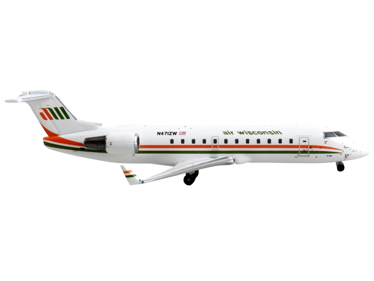 Bombardier CRJ200 Commercial Aircraft "Air Wisconsin" White with Orange and Green Stripes 1/400 Diecast Model Airplane by GeminiJets-DiecastModeler.com