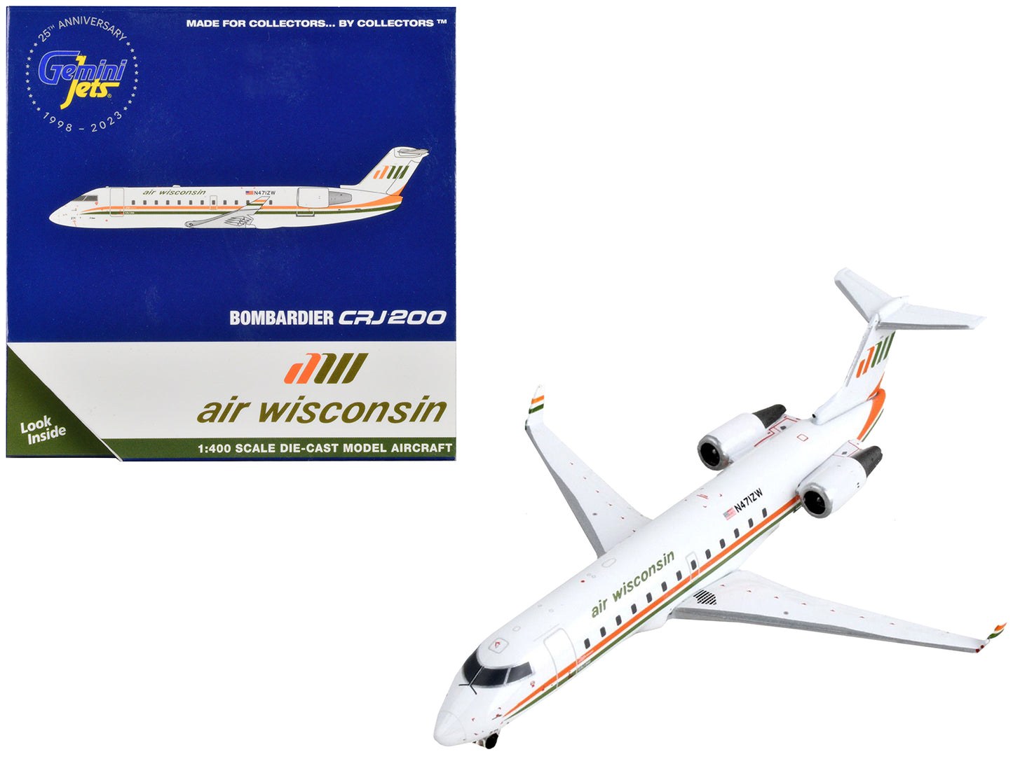Bombardier CRJ200 Commercial Aircraft "Air Wisconsin" White with Orange and Green Stripes 1/400 Diecast Model Airplane by GeminiJets-DiecastModeler.com