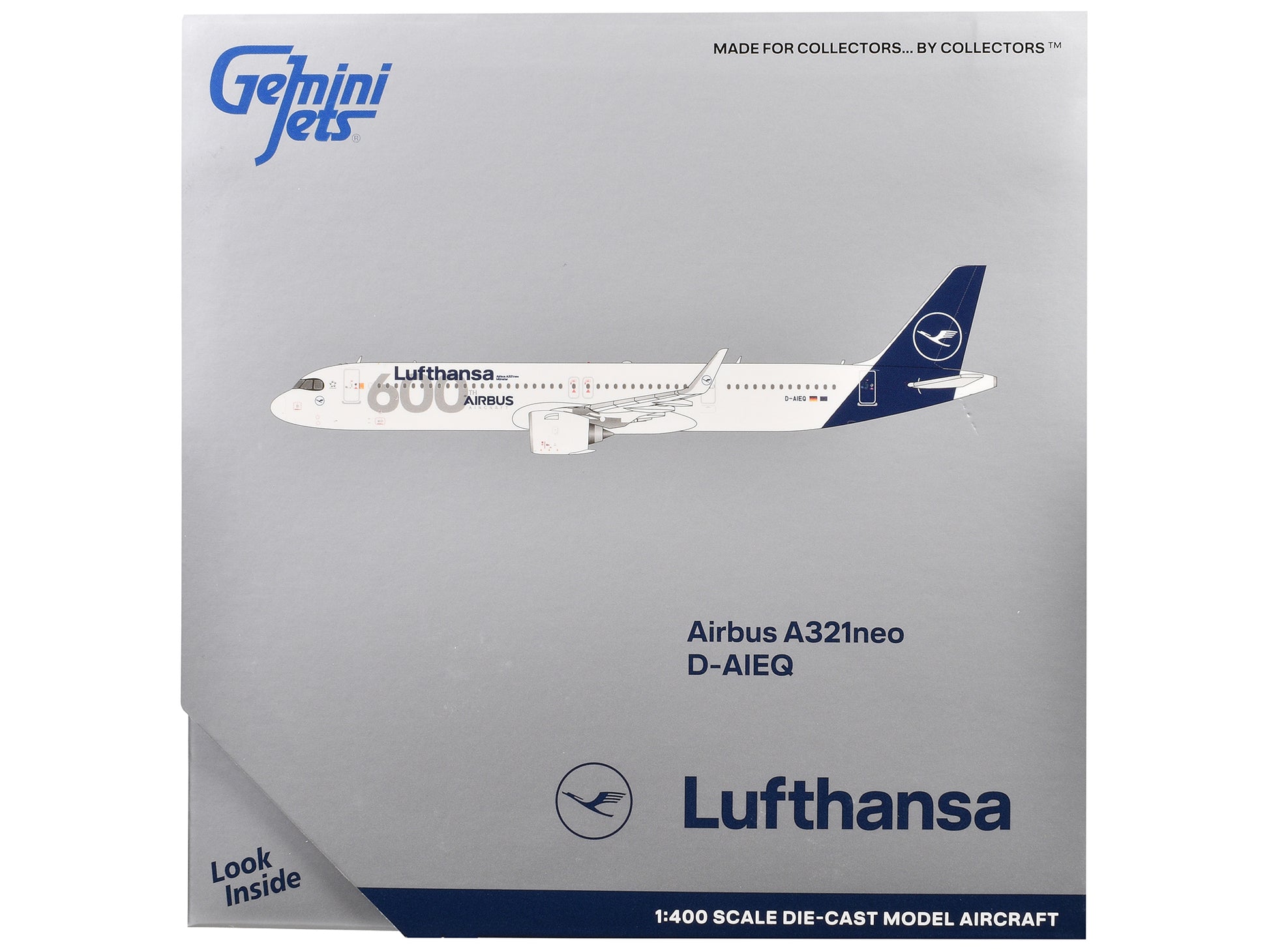 Airbus A321neo Commercial Aircraft "Lufthansa - 600th Airbus Aircraft" (D-AIEQ) White with Dark Blue Tail 1/400 Diecast Model Airplane by GeminiJets-DiecastModeler.com