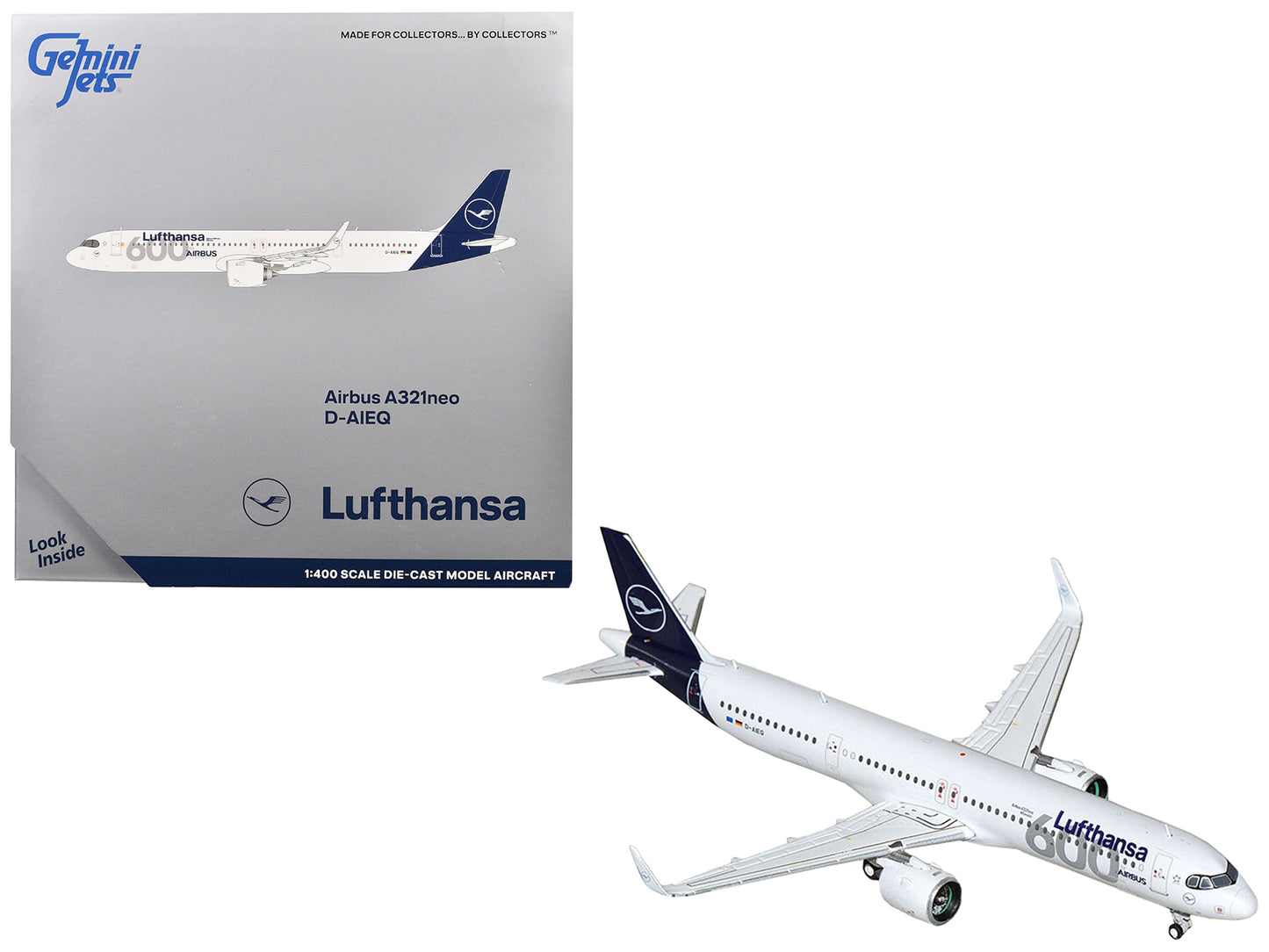 Airbus A321neo Commercial Aircraft "Lufthansa - 600th Airbus Aircraft" (D-AIEQ) White with Dark Blue Tail 1/400 Diecast Model Airplane by GeminiJets-DiecastModeler.com