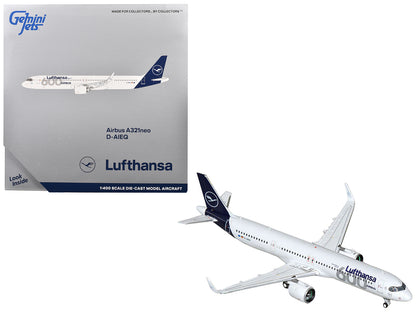 Airbus A321neo Commercial Aircraft "Lufthansa - 600th Airbus Aircraft" (D-AIEQ) White with Dark Blue Tail 1/400 Diecast Model Airplane by GeminiJets-DiecastModeler.com