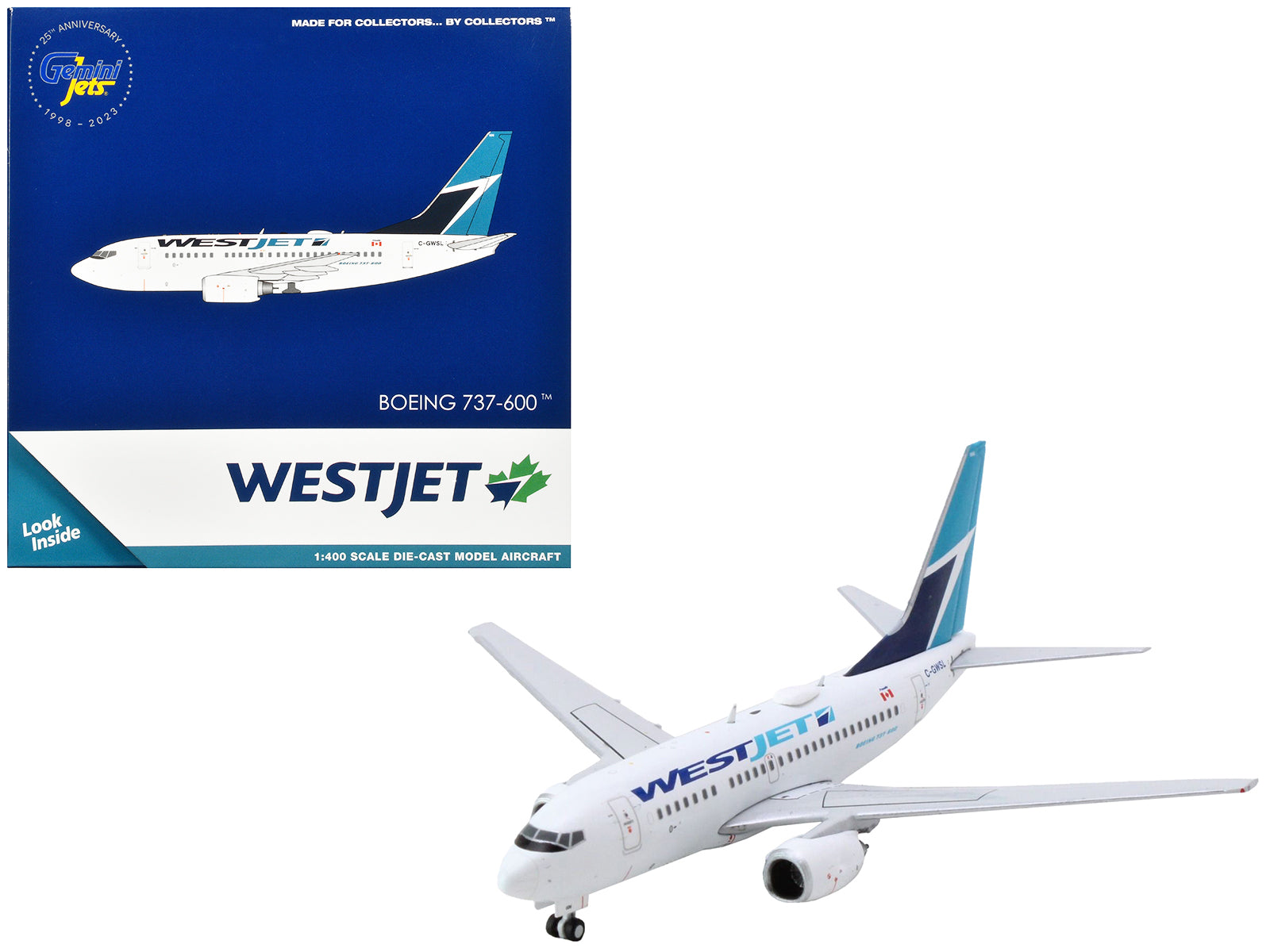 Boeing 737-600 Commercial Aircraft "Westjet Airlines" (C-GWSL) White with Blue Tail 1/400 Diecast Model Airplane by GeminiJets-DiecastModeler.com