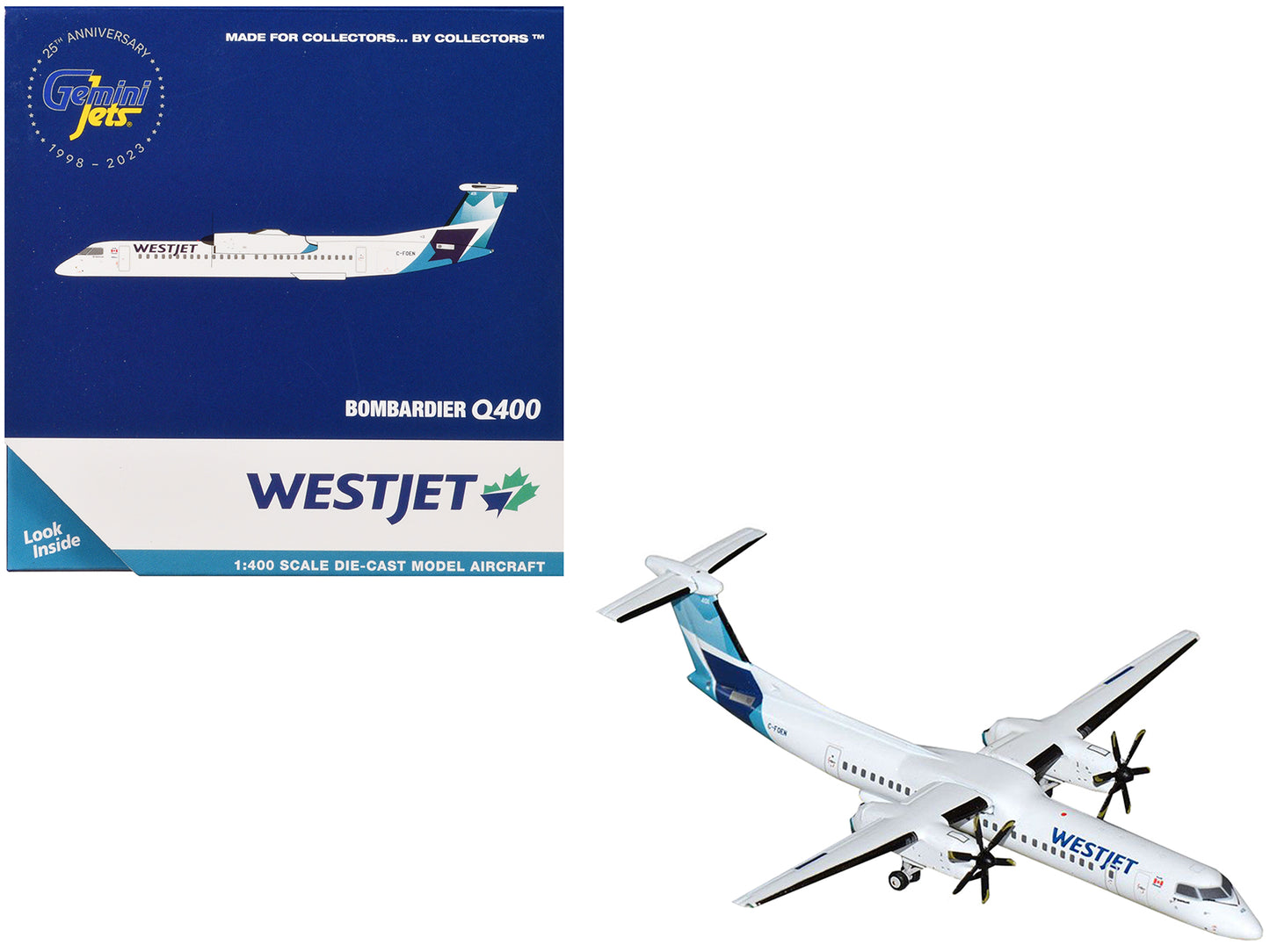 Bombardier Q400 Commercial Aircraft "WestJet" (C-FOEN) White with Blue Tail 1/400 Diecast Model Airplane by GeminiJets