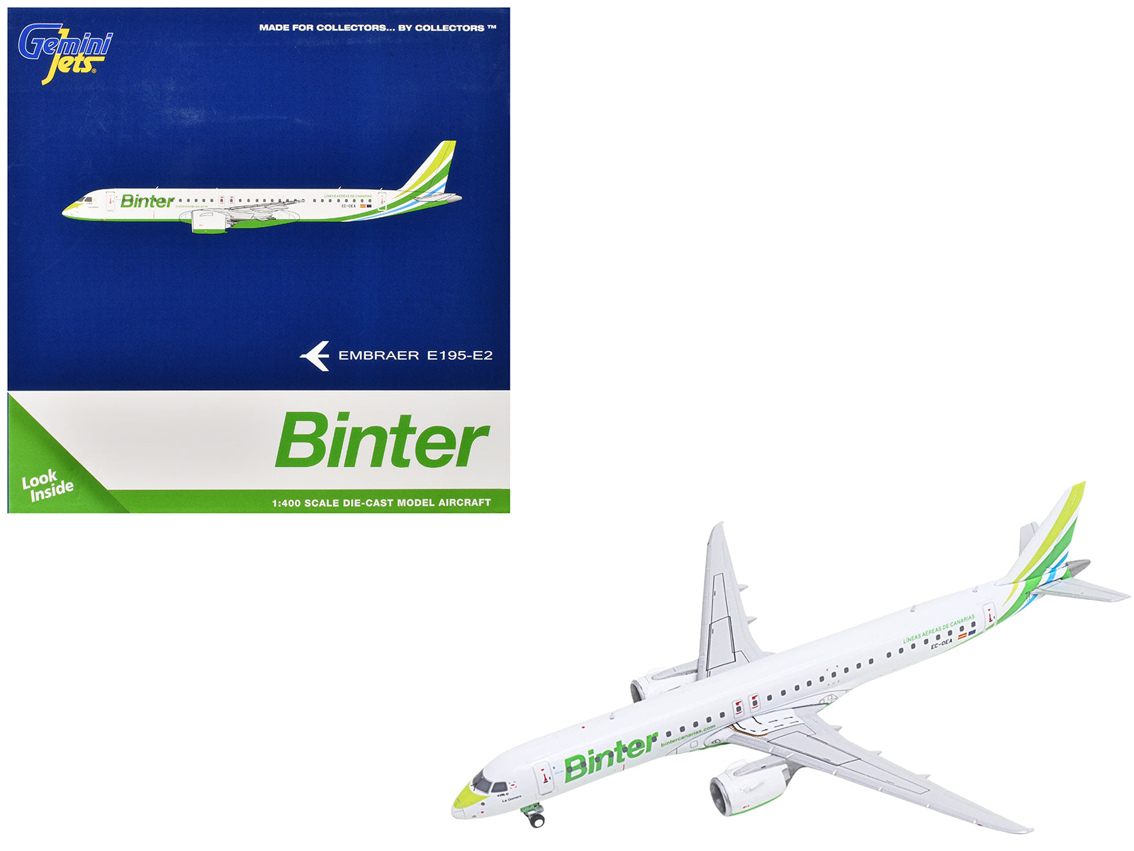 Embraer E195-E2 Commercial Aircraft "Binter Canarias" (EC-OEA) White with Green Tail Stripes Stripes 1/400 Diecast Model Airplane by GeminiJets-DiecastModeler.com