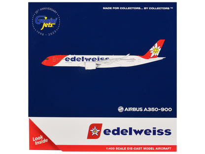 Airbus A350-900 Commercial Aircraft "Edelweiss Air" (HB-IHC) White with Red Tail 1/400 Diecast Model Airplane by GeminiJets