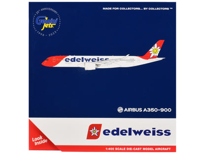 Airbus A350-900 Commercial Aircraft with Flaps Down Configuration "Edelweiss Air" (HB-IHC) White with Red Tail 1/400 Diecast Model Airplane by GeminiJets