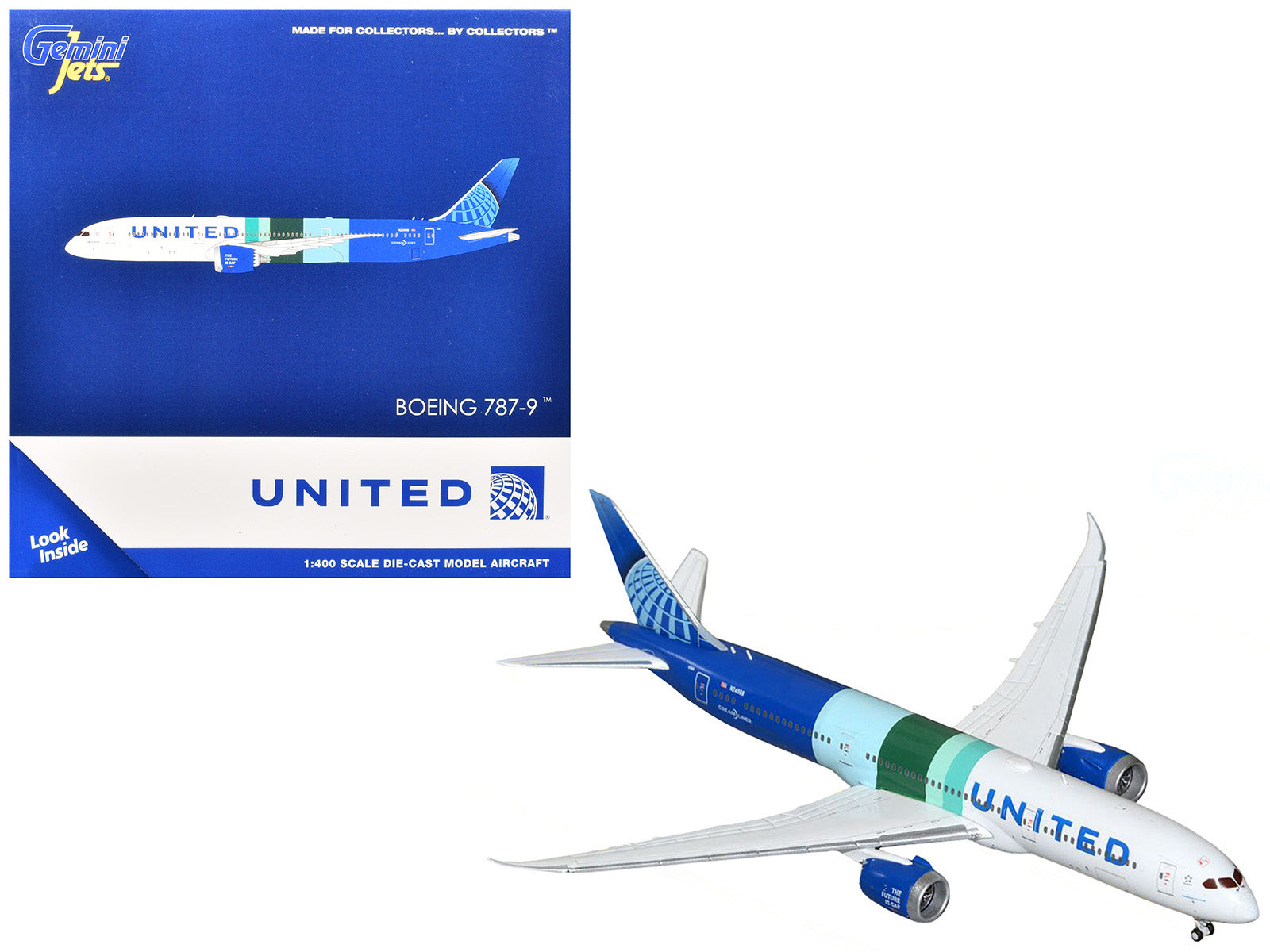 Boeing 787-9 Commercial Aircraft "United Airlines - The Future is SAF" (N24988) White and Blue with Stripes 1/400 Diecast Model Airplane by GeminiJets-DiecastModeler.com