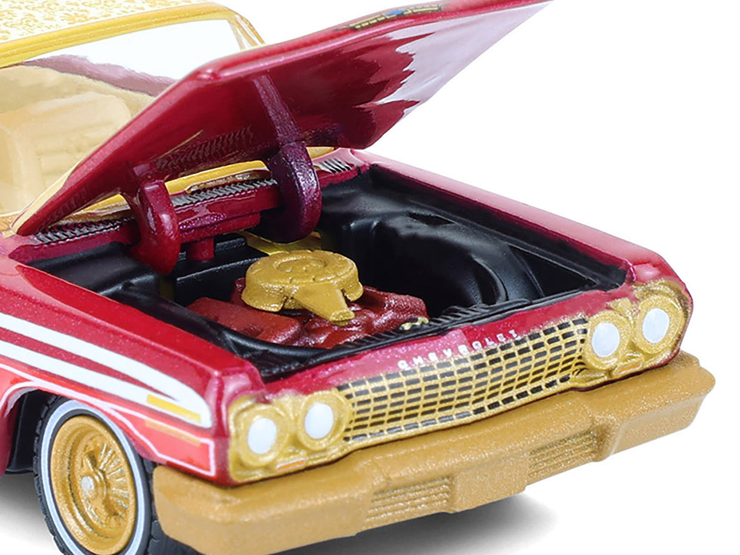1963 Chevrolet Impala Lowrider "Michael Heralda Special Edition" Red Metallic with Cream Top and Interior with Gold Graphics "Hobby Exclusive" Series 1/64 Diecast Model Car by Greenlight