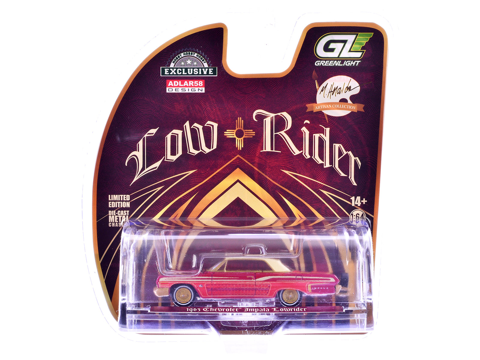 1963 Chevrolet Impala Lowrider "Michael Heralda Special Edition" Red Metallic with Cream Top and Interior with Gold Graphics "Hobby Exclusive" Series 1/64 Diecast Model Car by Greenlight-DiecastModeler.com