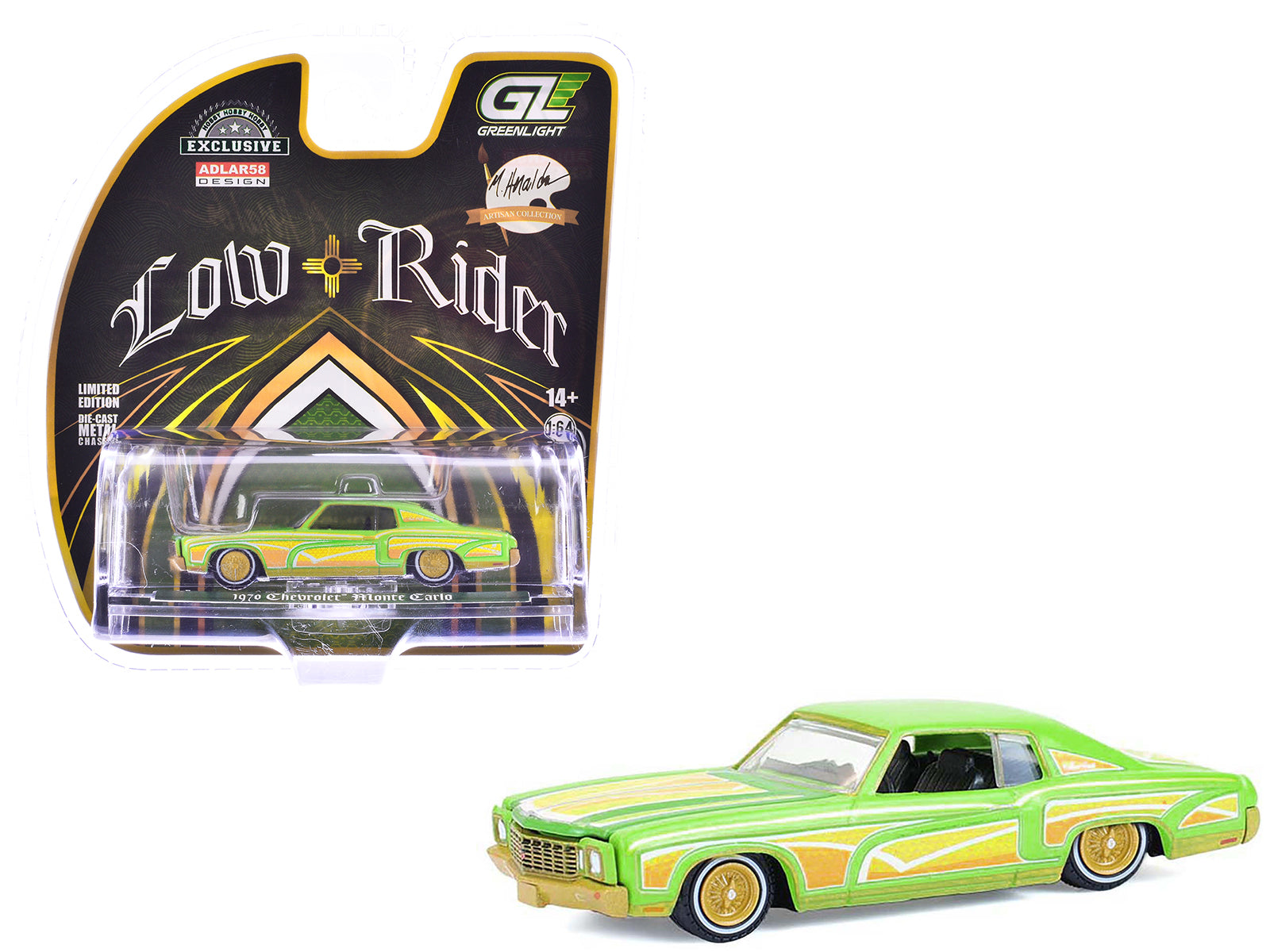 1970 Chevrolet Monte Carlo Lowrider "Michael Heralda Special Edition" Lime Green with Graphics "Hobby Exclusive" Series 1/64 Diecast Model Car by Greenlight-DiecastModeler.com