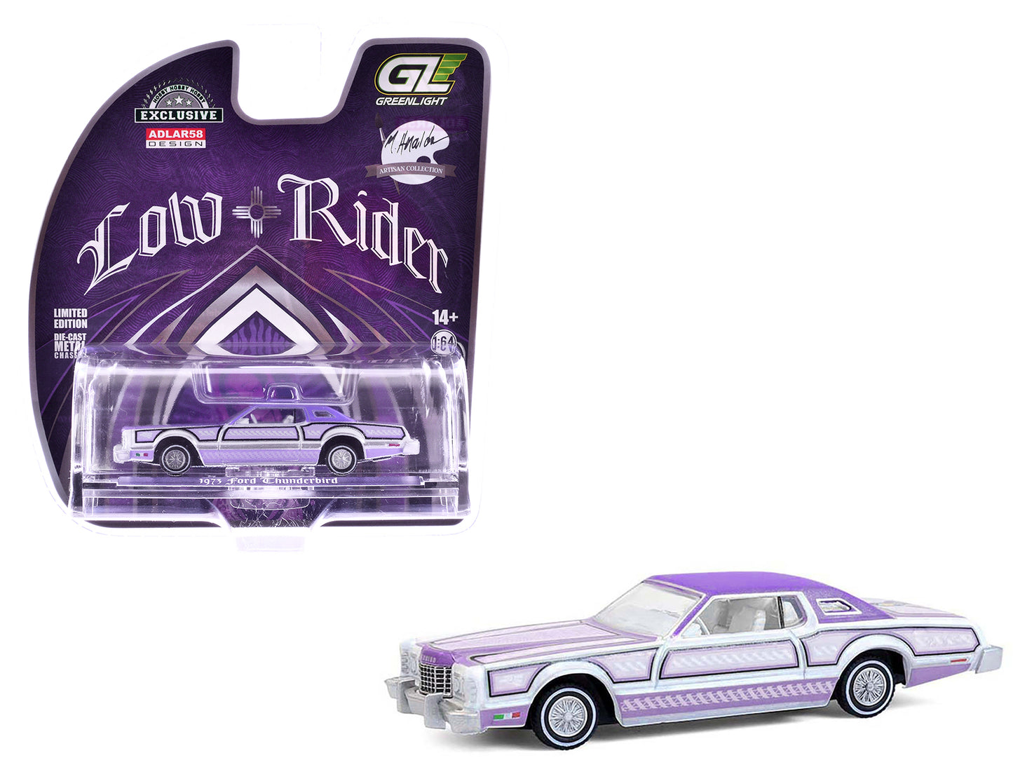 1973 Ford Thunderbird Lowrider "Michael Heralda Special Edition" Purple Metallic with Graphics and White Interior "Hobby Exclusive" Series 1/64 Diecast Model Car by Greenlight-DiecastModeler.com