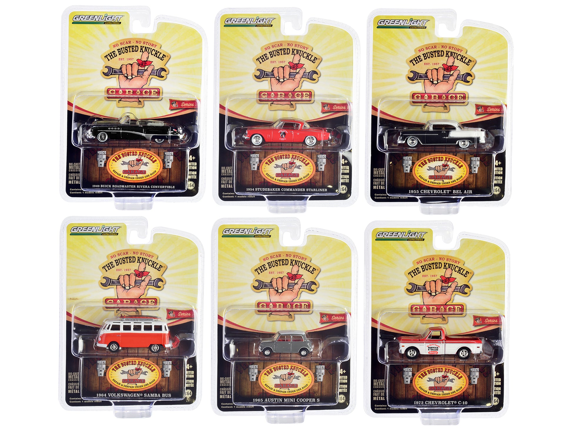 "Busted Knuckle Garage" Series 2 6 piece Set 1/64 Diecast Model Cars by Greenlight-DiecastModeler.com