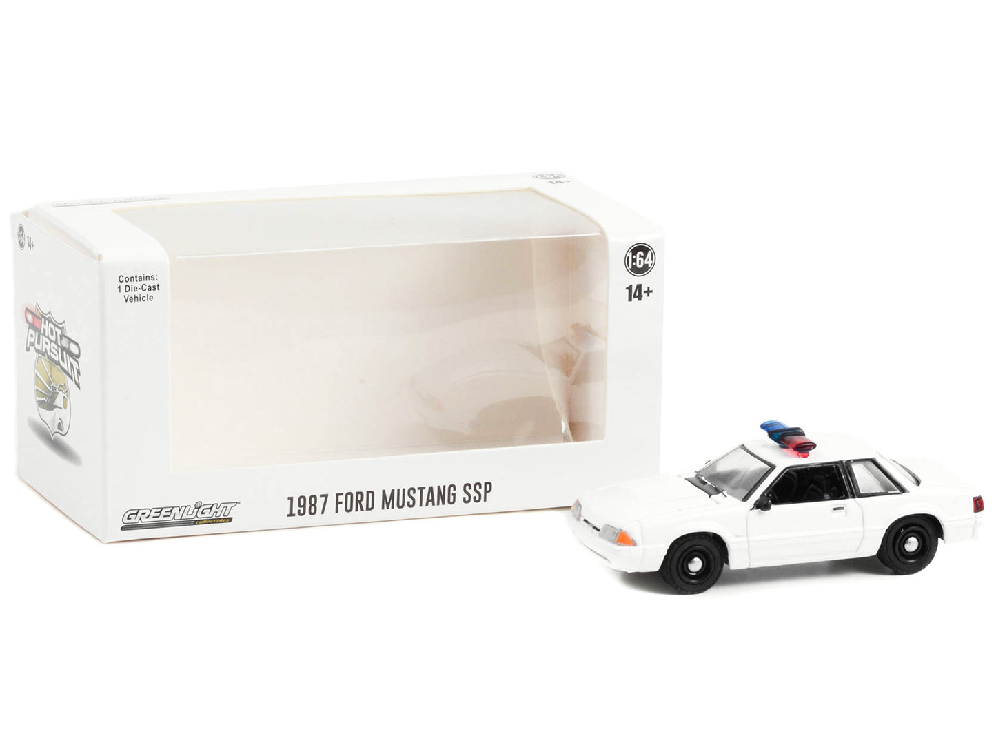 1987-1993 Ford Mustang SSP White Police Car with Light Bar "Hot Pursuit" "Hobby Exclusive" Series 1/64 Diecast Model Car by Greenlight-DiecastModeler.com