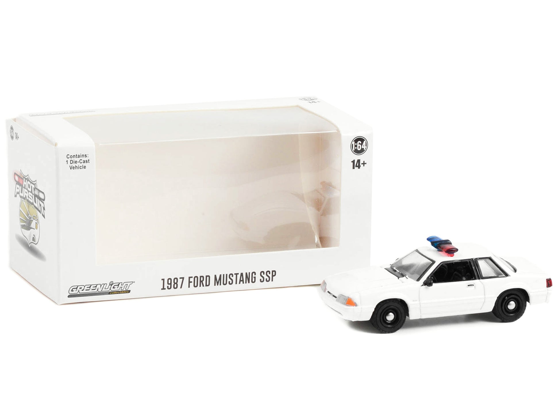 1987-1993 Ford Mustang SSP White Police Car with Light Bar "Hot Pursuit" "Hobby Exclusive" Series 1/64 Diecast Model Car by Greenlight-DiecastModeler.com