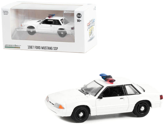 1987-1993 Ford Mustang SSP White Police Car with Light Bar "Hot Pursuit" "Hobby Exclusive" Series 1/64 Diecast Model Car by Greenlight-DiecastModeler.com