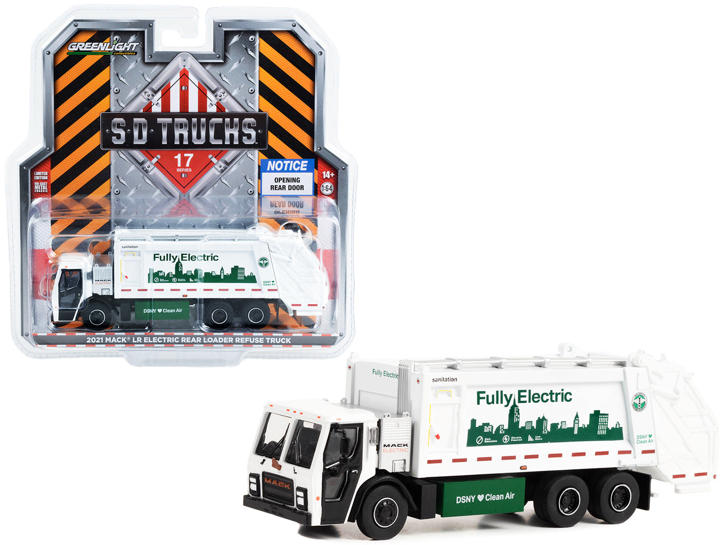 2021 Mack LR Electric Rear Loader Refuse Truck White "New York City Department of Sanitation (DSNY) Fully Electric" "S.D. Trucks" Series 17 1/64 Diecast Model Car by Greenlight-DiecastModeler.com