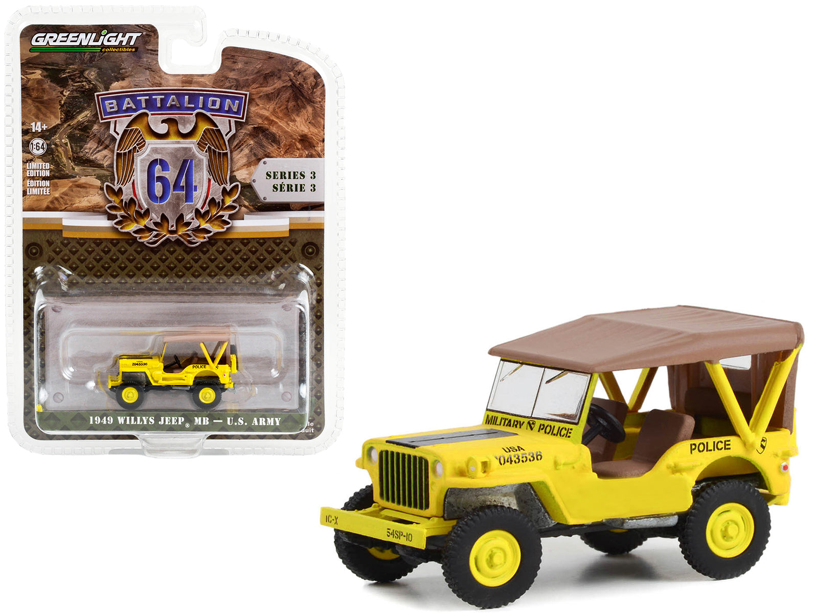 1949 Willys Jeep MB U.S. Army "545th Military Police Company Camp Drake Japan Training Camp" Yellow "Battalion 64" Series 3 1/64 Diecast Model Car by Greenlight-DiecastModeler.com