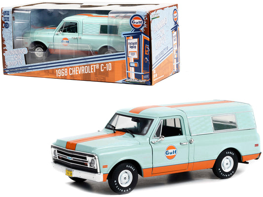1968 Chevrolet C-10 Pickup Truck Light Blue with Orange Stripes with Camper Shell "Gulf Oil" "Running on Empty" Series 5 1/24 Diecast Model Car by Greenlight-DiecastModeler.com