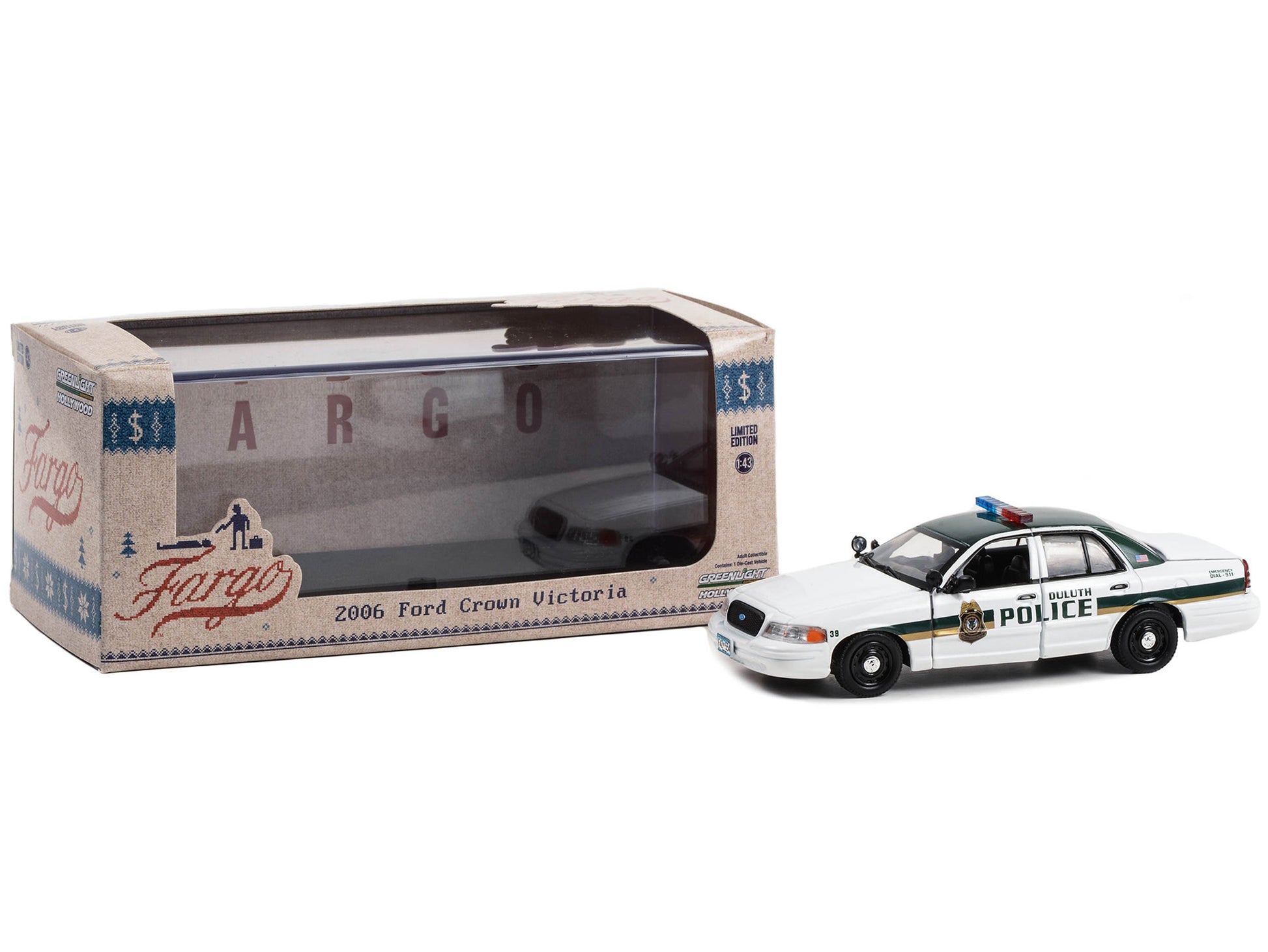 2006 Ford Crown Victoria Police Interceptor White with Green Top "Duluth Minnesota Police" "Fargo" (2014-2020 TV Series) "Hollywood" Series 1/43 Diecast Model Car by Greenlight-DiecastModeler.com
