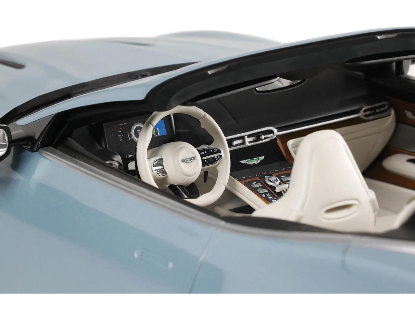 2023 Aston Martin DB12 Volante Caribbean Blue Pearl with White Interior 1/18 Model Car by GT Spirit