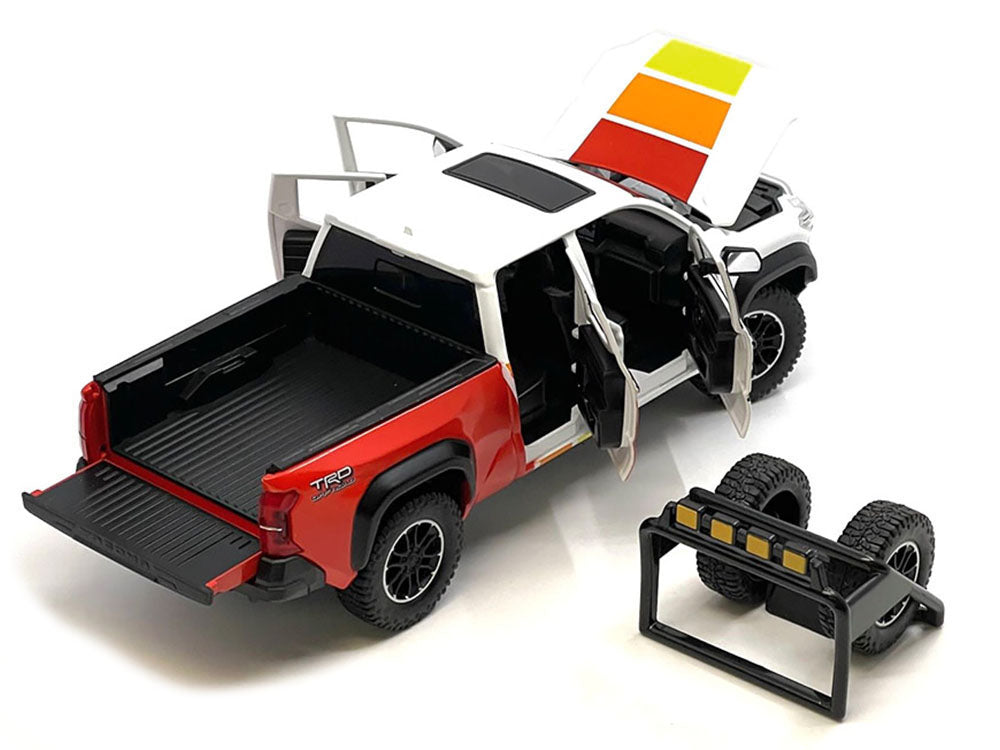 2024 Toyota Tacoma TRD Off Road Edition Pickup Truck White and Red with TRD Stripes with Sunroof and Wheel Rack Limited Edition to 2400 pieces Worldwide 1/24 Diecast Model Car