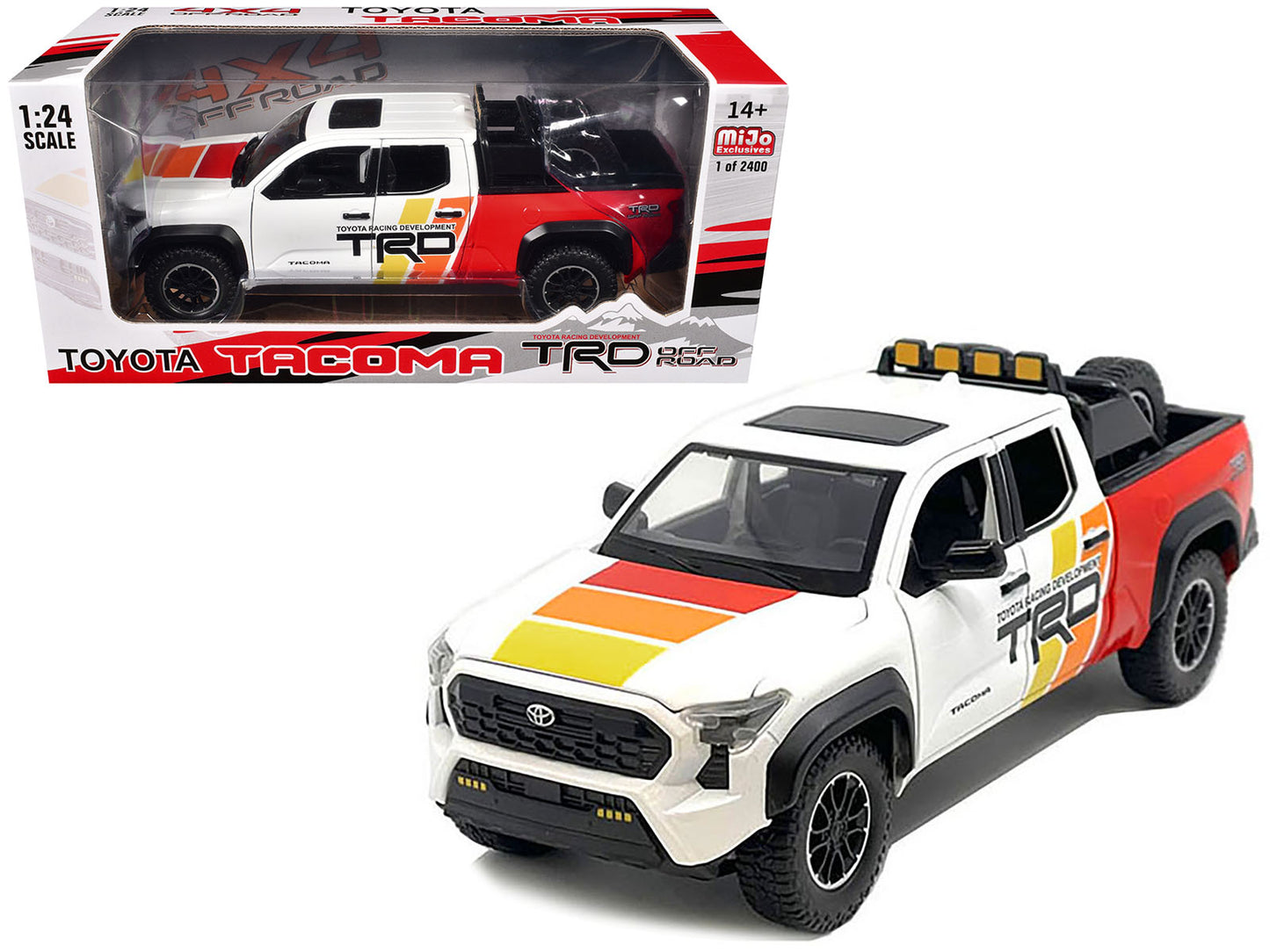 2024 Toyota Tacoma TRD Off Road Edition Pickup Truck White and Red with TRD Stripes with Sunroof and Wheel Rack Limited Edition to 2400 pieces Worldwide 1/24 Diecast Model Car