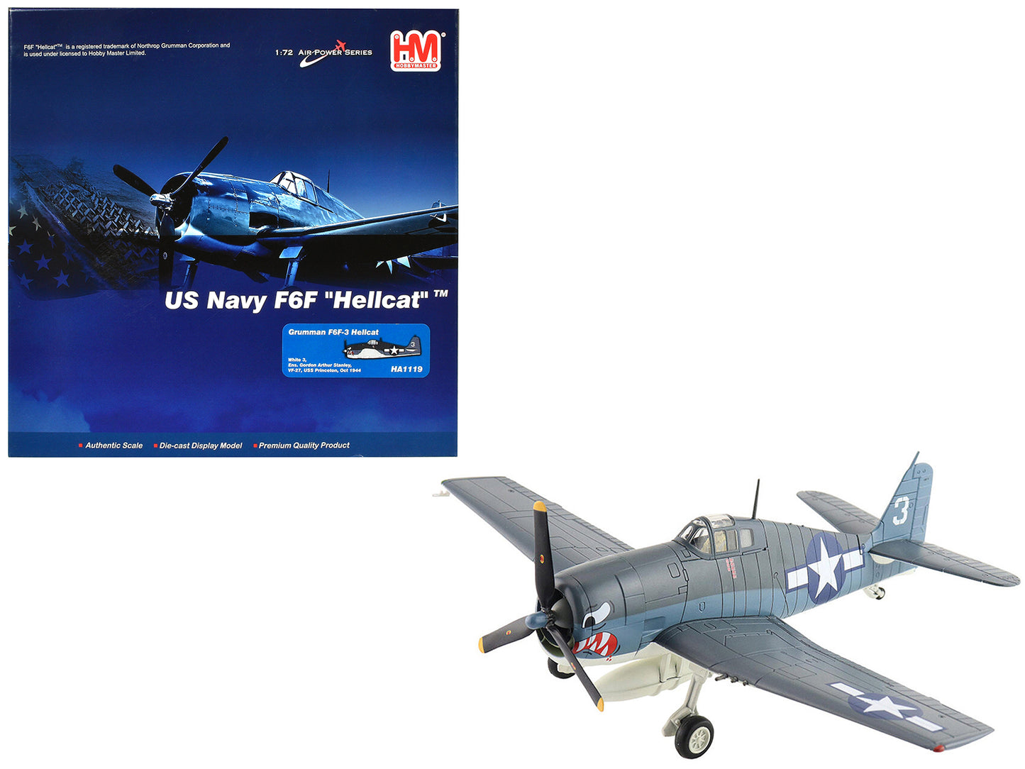 Grumman F6F-3 Hellcat Fighter Aircraft "Ens. Gordon Arthur Stanley VF-27 USS Princeton" (1944) United States Navy "Air Power Series" 1/72 Diecast Model by Hobby Master-DiecastModeler.com
