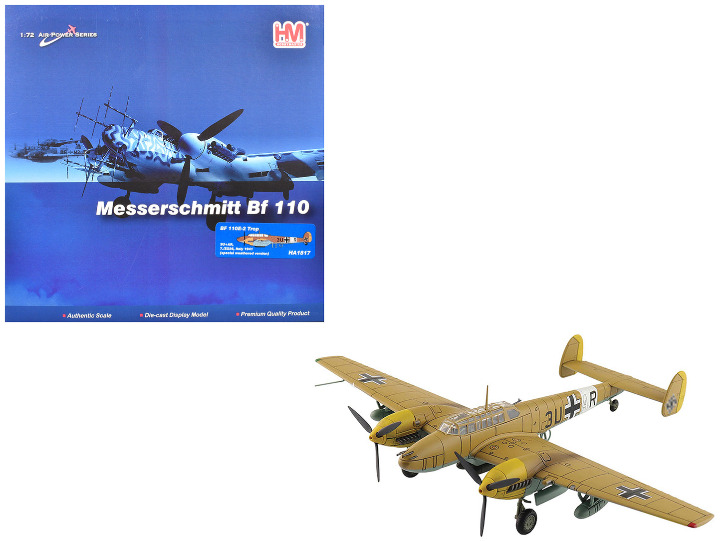 Messerschmitt BF 110E-2 Trop Fighter Aircraft "3U+AR 7./ZG26 Italy" (1941) German Luftwaffe "Air Power Series" 1/72 Diecast Model by Hobby Master-DiecastModeler.com
