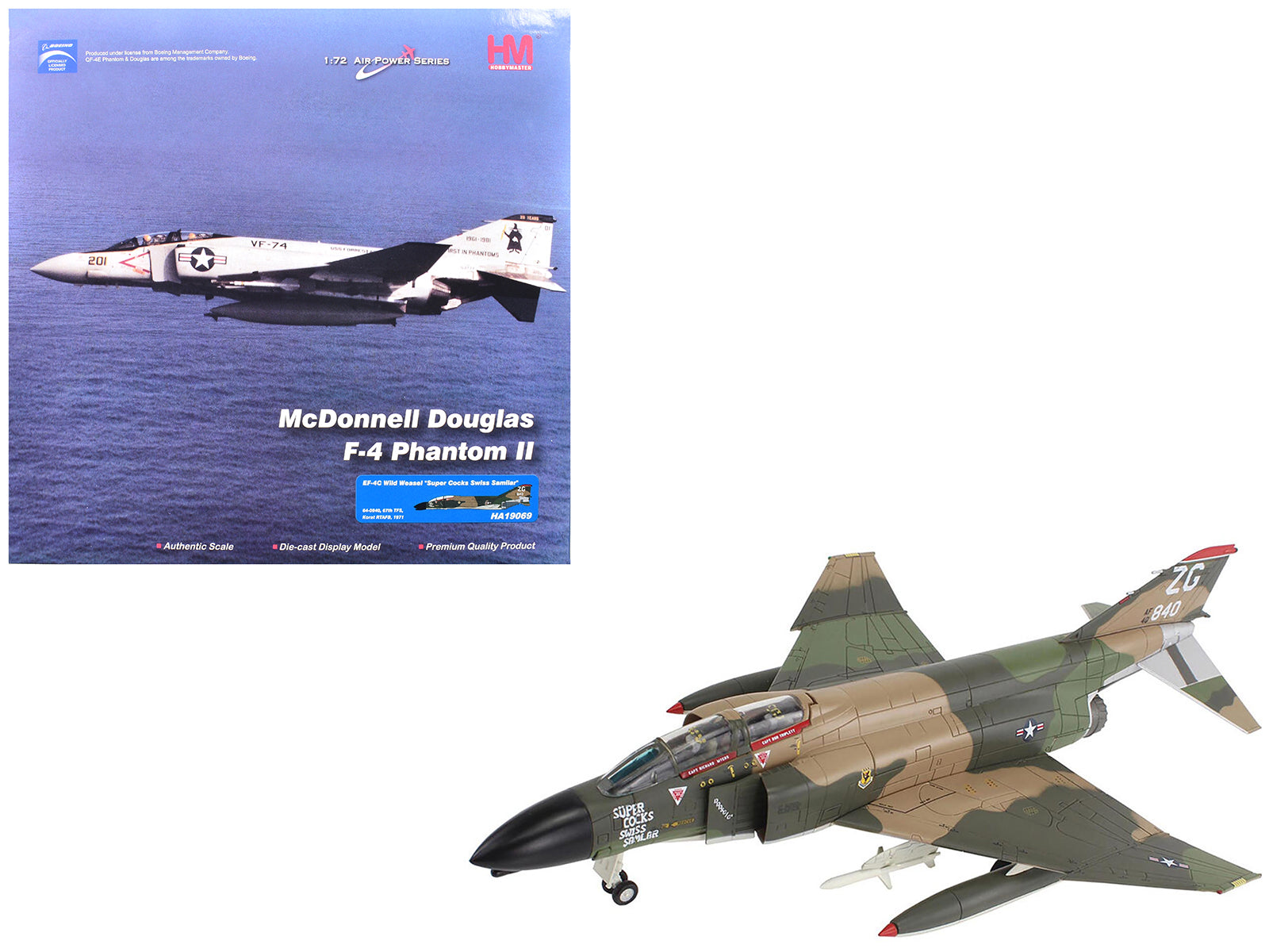 McDonnell Douglas EF-4C Wild Weasel Fighter-Bomber Aircraft "64-0840 67th TFS Korat RTAFB Super Cocks Swiss Samilar" (1971) United States Air Force "Air Power Series" 1/72 Diecast Model by Hobby Master-DiecastModeler.com