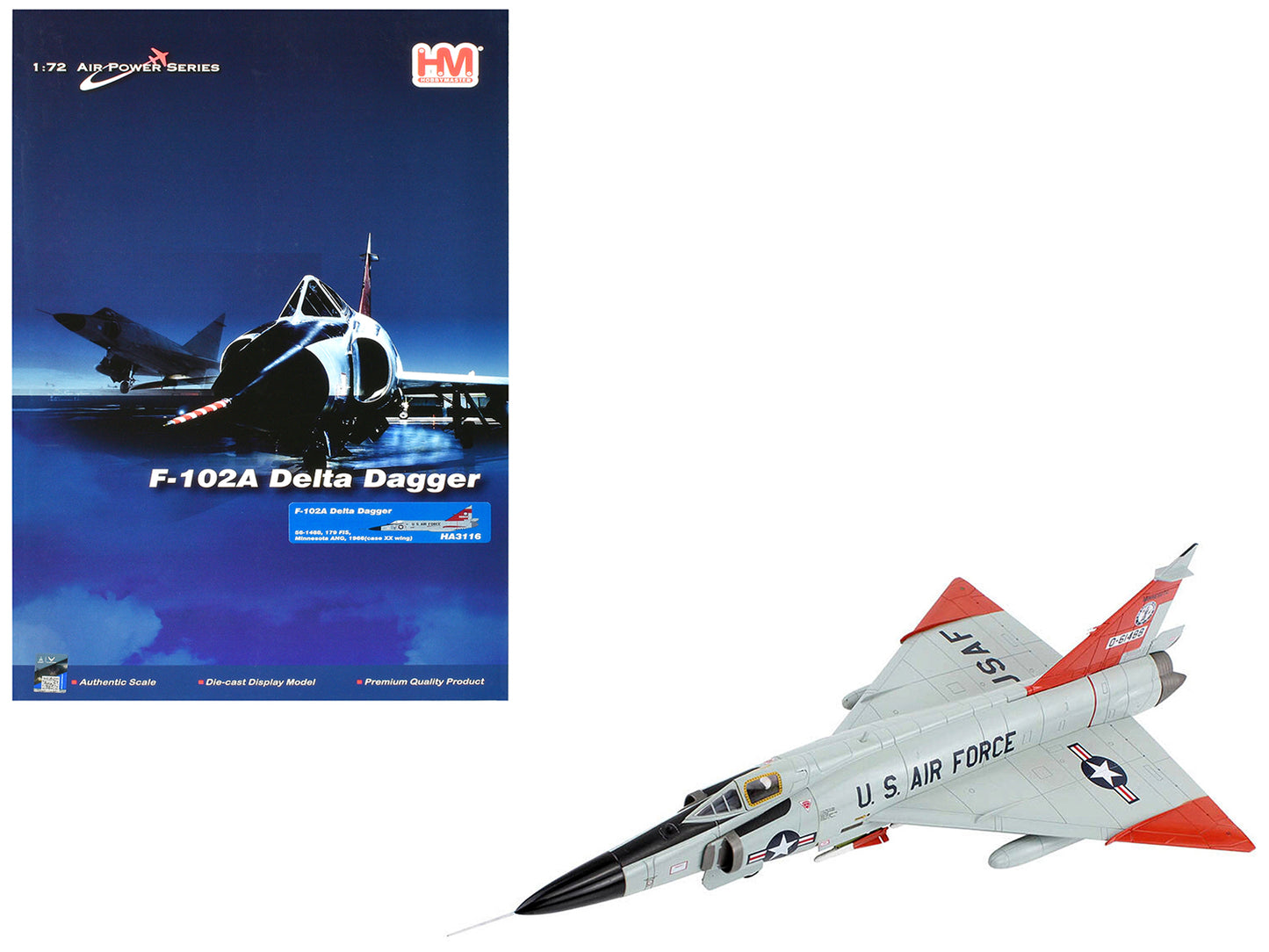 Convair F-102A Delta Dagger Interceptor Aircraft "179th Fighter Interceptor Squadron Minnesota Air National Guard" (1966) United States Air Force "Air Power Series" 1/72 Diecast Model by Hobby Master-DiecastModeler.com