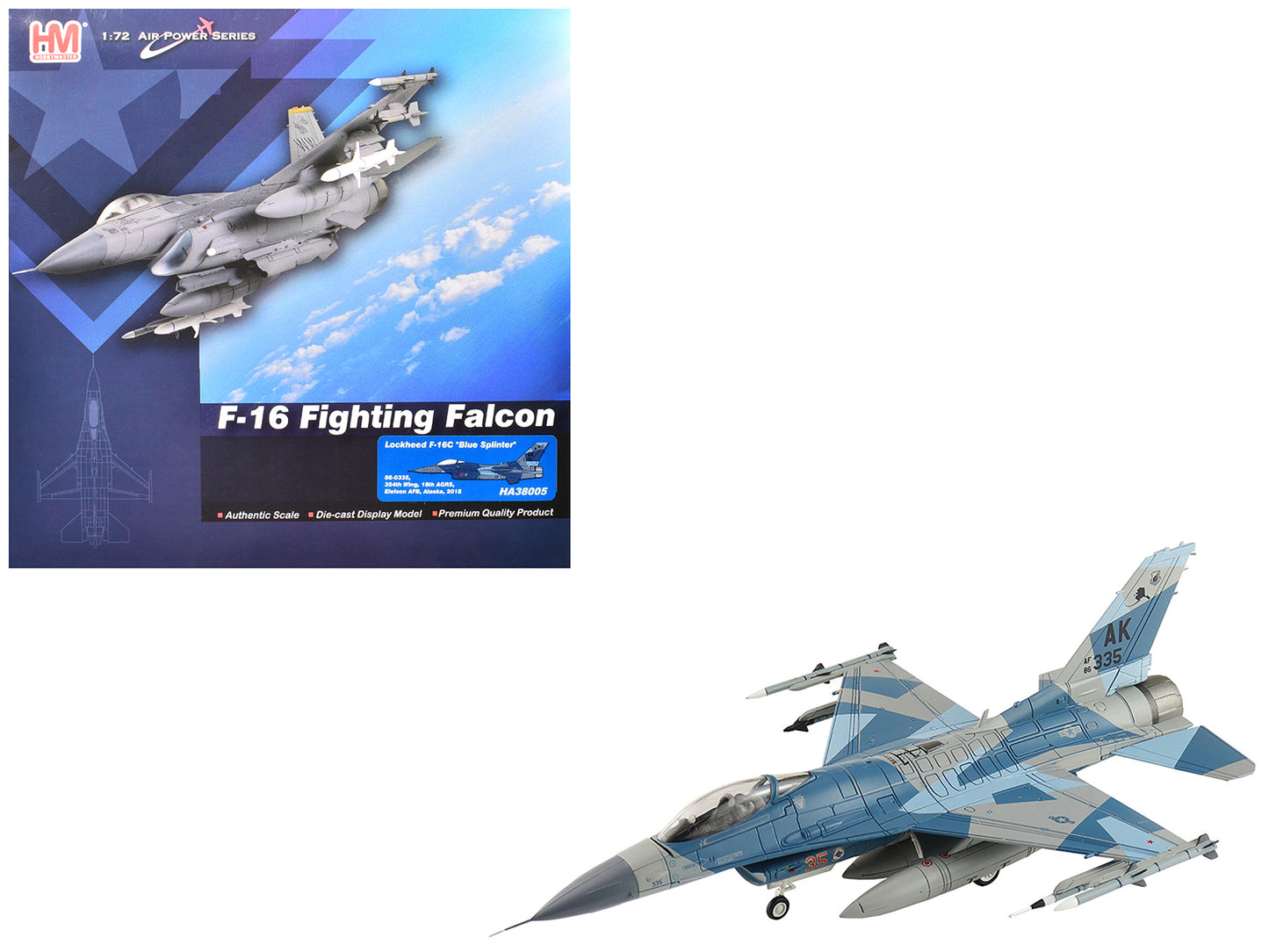 Lockheed F-16C Fighting Falcon Fighter Aircraft "86-0335 Blue Splinter 354th Wing 18th AGRS Eielson AFB" (2018) United States Air Force "Air Power Series" 1/72 Diecast Model by Hobby Master-DiecastModeler.com