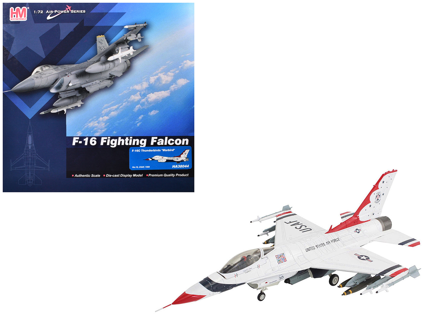 Lockheed F-16C Fighting Falcon Fighter Aircraft "No.10 Thunderbirds Warbird" United States Air Force "Air Power Series" 1/72 Diecast Model by Hobby Master-DiecastModeler.com