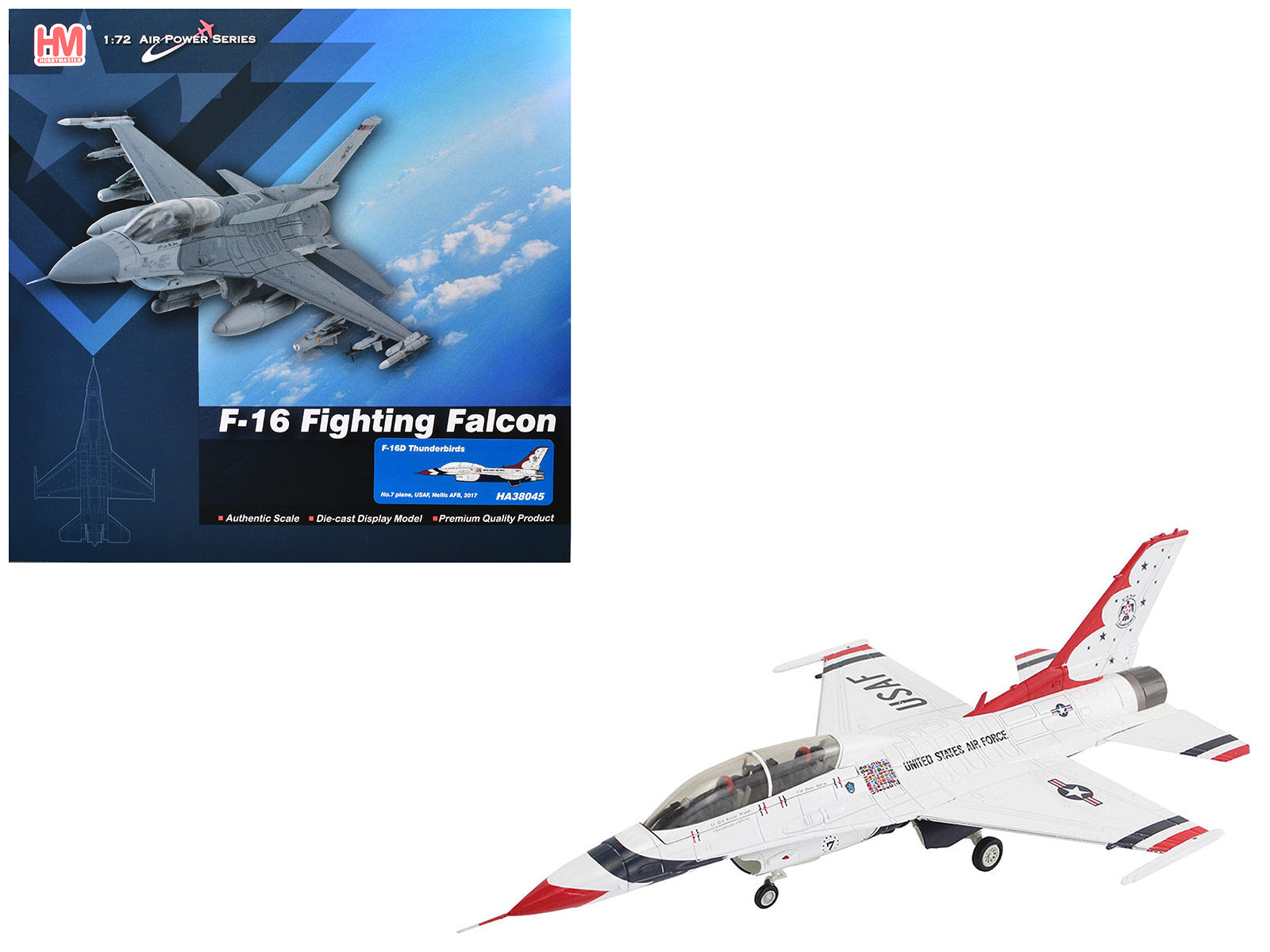Lockheed F-16D Fighting Falcon Fighter Aircraft "No.7 Thunderbirds Nellis Air Force Base" (2017) United States Air Force "Air Power Series" 1/72 Diecast Model by Hobby Master-DiecastModeler.com