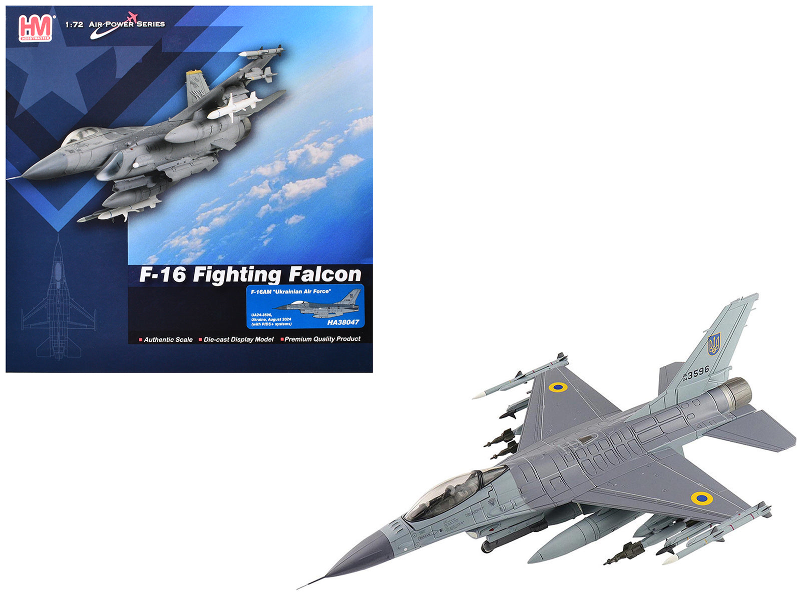 Lockheed F-16AM Fighting Falcon Fighter Aircraft "UA24-3596 Pylon Integrated Dispenser System Plus" (2024) Ukrainian Air Force "Air Power Series" 1/72 Diecast Model by Hobby Master-DiecastModeler.com