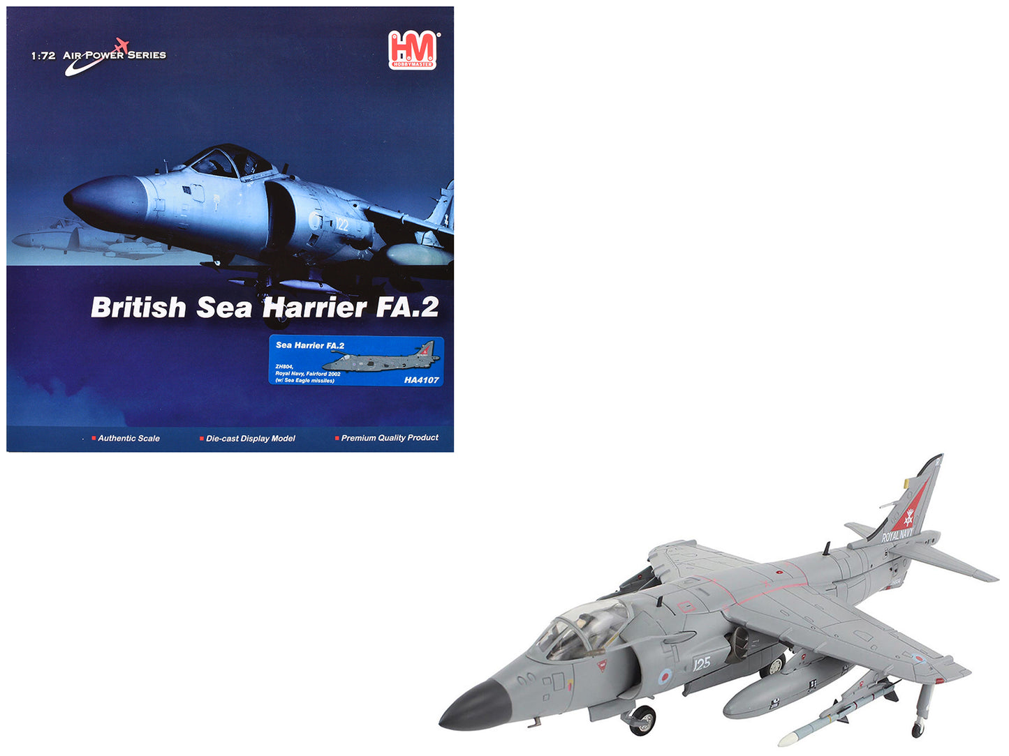British Aerospace Sea Harrier FA.2 Aircraft with Sea Eagle Missiles "ZH804 Fairford" (2002) British Royal Navy "Air Power Series" 1/72 Diecast Model by Hobby Master-DiecastModeler.com