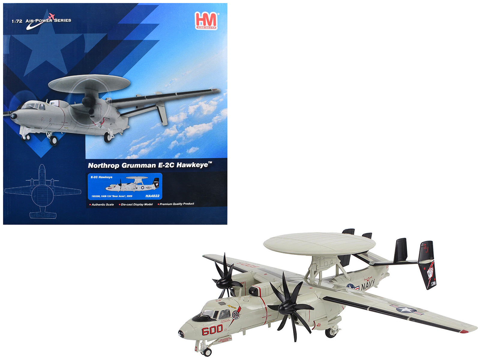 Northrop Grumman E-2C Hawkeye Aircraft "165300 VAW-124 Bear Aces" (2009) United States Navy "Air Power Series" 1/72 Diecast Model by Hobby Master-DiecastModeler.com