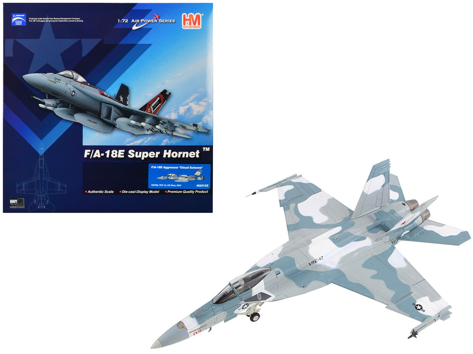 Boeing F/A-18E Super Hornet Fighter Aircraft "Cloud Scheme VFC-12 Fighting Omars" (2023) United States Navy "Air Power Series" 1/72 Diecast Model by Hobby Master-DiecastModeler.com